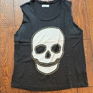 Lauren Moshi Black Tank with White Skull and Gold Stud Detail